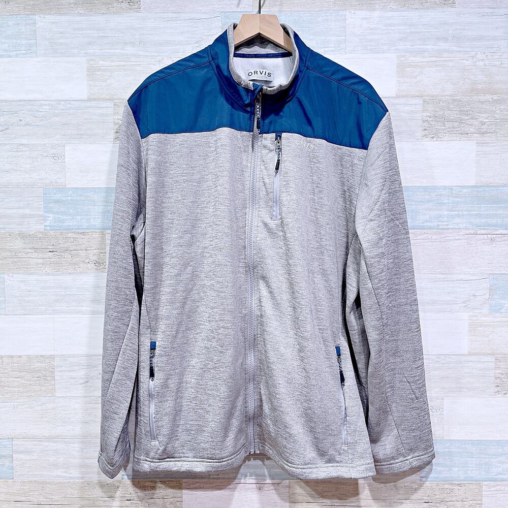 Orvis Fleece Bonded Mesh Full Zip Jacket Gray Blue Lightweight Mens XXL 2XL